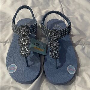 Skechers Cali Blue Rhinestone Yoga Foam Sandals Comfort Flip Flops
